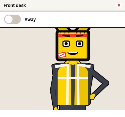 The owner's phone app: a Front desk toggle and the salesman character.
